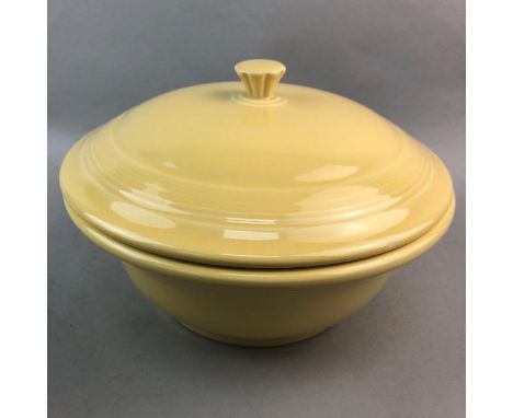 THREE MODERN CERAMIC SERVING BOWLS, with lids, 24cm diameter, along with four ceramic basins