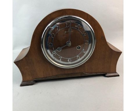 BENTIMA MANTEL CLOCK, in a mahogany frame, 22.5cm high, along with a stained wood wall barometer 22cm diameter and a bust of 