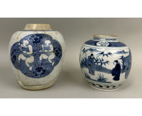 TWO CHINESE PORCELAIN GINGER JARS, POSSIBLY KANGXI PERIODOne damaged.Largest 19cm x 15cm