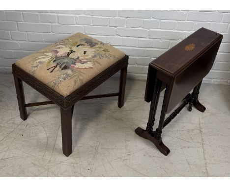 A MAHOGANY FRET WORK STOOL AONG WITH A DROP LEAF GATE LEG TABLEStool 52cm x 42cm
