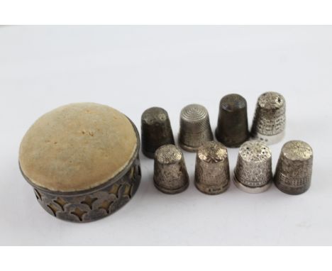 EIGHT .925 SILVER THIMBLED & BANDED PIN CUSHION INCLUDING CHARLES HORNER 