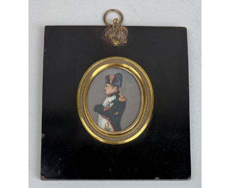 AN ANTIQUE PORTRAIT MINIATURE PAINTING OF NAPOLEON BONAPARTE5.5cm x 4.5cmIn ebonised and gilt metal frame.
