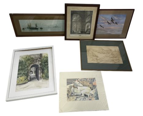 VARIOUS PRINTS AND A WATERCOLOUR, TO INCLUDE OLD MASTER REPRODUCTION, PETER SCOTT ETCEach framed and glazed.