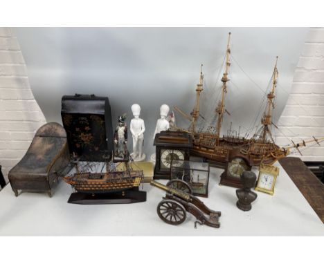 MISCELLANEOUS LOT TO INCLUDE CERAMIC NAPOLEONS GUARD, MODELS OF SHIPS, CLOCKS (INCLUDING BY CHARLES FRODSHAM), CANNON, MODELS