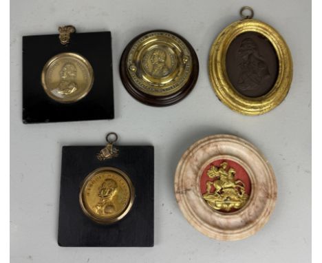 A GROUP OF ANTIQUE MEDALLIONS, TWO GILT METAL AND ONE CERAMIC DEPICTING ADMIRAL LORD NELSON, ALONG WITH ONE OF MARQUIS WELLIN