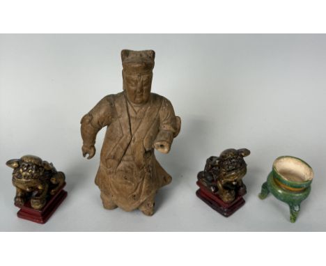 A CHINESE SANCAI GLAZE FUNERARY TRIPOD VESSEL ALONG WITH A PAIR OF FOO DOGS AND A CARVED WOODEN FIGURE (4)Figure 22cm H