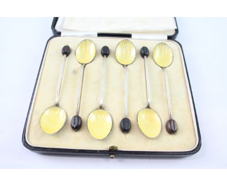 SIX .925 STERLING SILVER COFFEE-BEAN SPOONS WITH ENAMEL CASINGWeight: 50gms