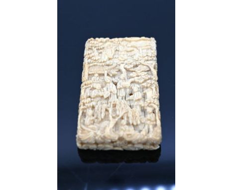 19th Century Cantonese ivory card case, each panel carved with characters and landscapes, approx 40.5g