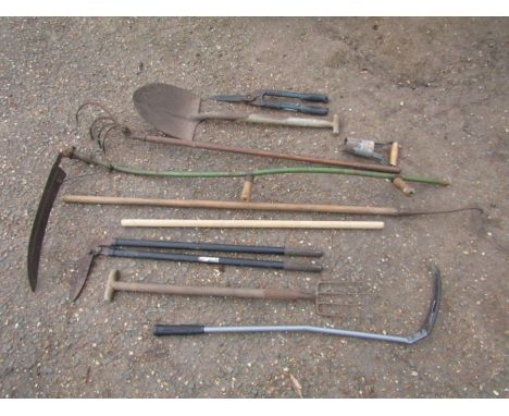 Garden tools including scythes and shovel etc