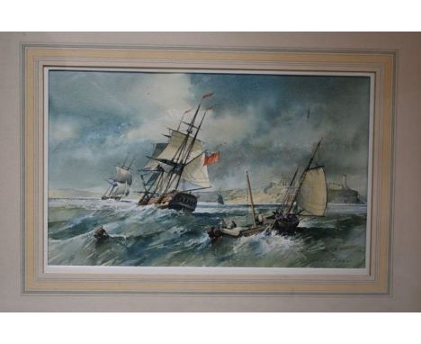 A S Ashmore, watercolour seascape of tall ships on headland  framed and mounted 59cm x 44cm 