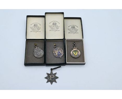 4 silver and enamel football fob medals Cambs FA League Div II 1927-28, Butchers Ambulance Cup Runners Up and Runners Up 1929