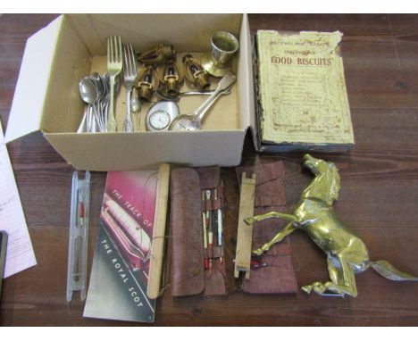 collectors lot- to include 2 silver spoons, vintgae spray parts, vintage Royal Scot wooden puzzle, brass horse, flatware, vin