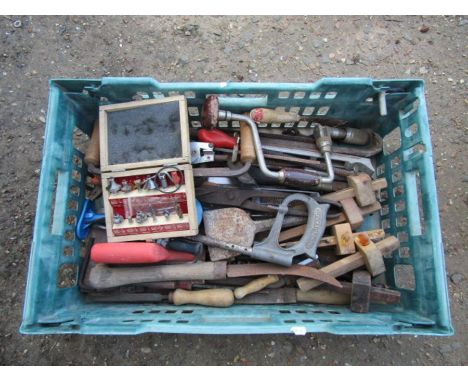 Box of tools including router bit set and marking gauges etc