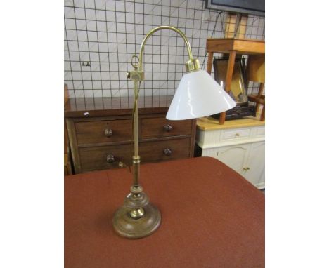 Brass adjustable table lamp with wooden base and glass shade 
