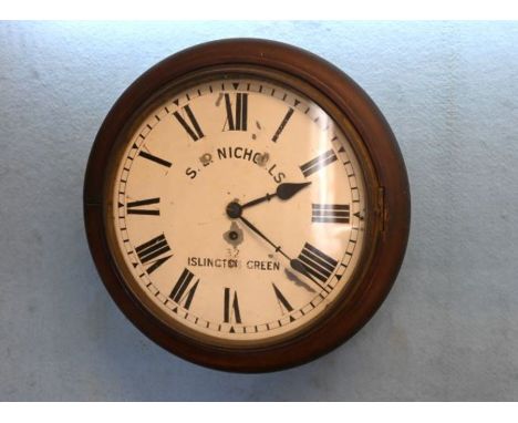 A 19th century mahogany cased fusee station circular wall clock having faceted hands with Roman numeral chapter ring. Notatio