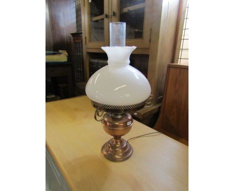 Brass oil lamp with class shade converted to electric 