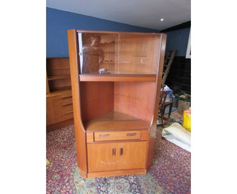 G-Plan retro corner display cabinet with glass sliding doors and missing glass shelf H172cm W101cm D57cm approx