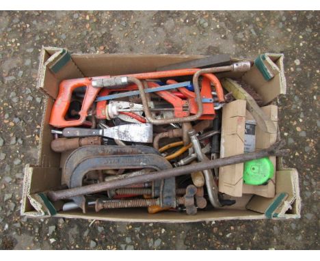 Box of tools including G clamps and crowbar etc