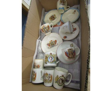Royal memorbilia cups and saucers, trio, mugs, beakers. some A/F plus a 1937 coronation book and' Victorian newspaper'