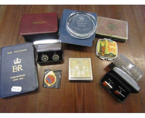 Collectors lot- Diamond jubilee paperweight, Compact mirrors, cufflinks, bible