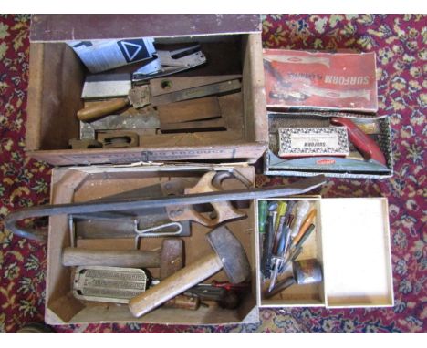 A quantity of tools including Surform plane in box