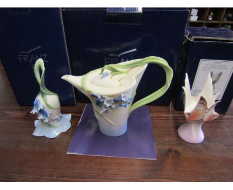 Franx porcelain Bluebell teapot and bell and Butterfly tea light holder, all boxed and in very good condition