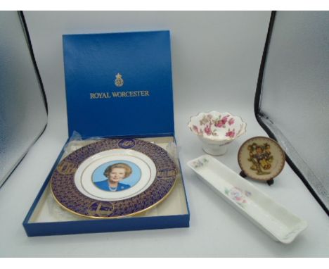 Aynsley china bowl and small tray, Goebel Hummel miniature plate and Royal Worcester boxed limited edition commemorative Marg