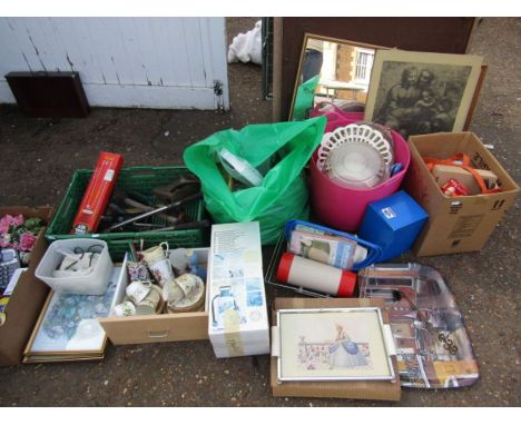 Half a stillage of allsorts to include Faux flowers, large amount party plates, kitchenelia etc, tools, flexi bucket, canvas'