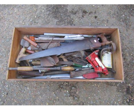 Box full of tools including saw and drill bits etc 