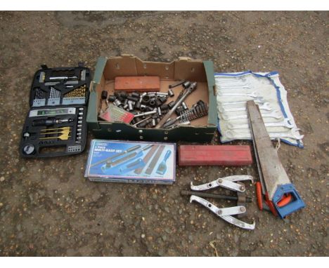 Tools including new drill bit set, boxed hand plane set, Snap-on and spanner roll etc