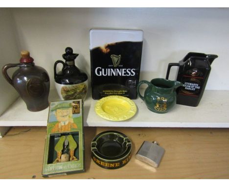 Breweriana- Greene King, Pils ashtrays, Guiness tin, a novelty cork screw, Stewarts cream of the barley jug and stoneware whi