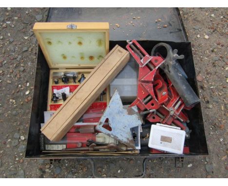 Box of tools including router bit set etc 