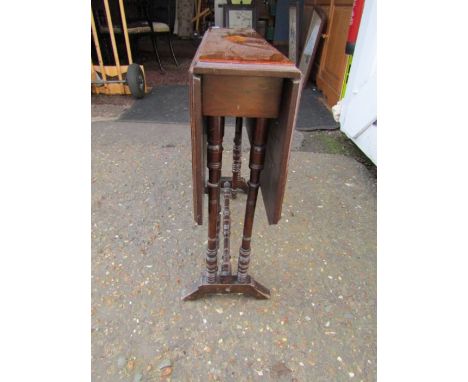 Small mahogany inlaid Sutherland table with turned legs and ceramic castors H60cm W62cm D16cm approx