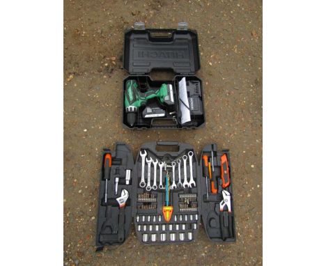 Hitachi lithium cordless drill in case and tool set 