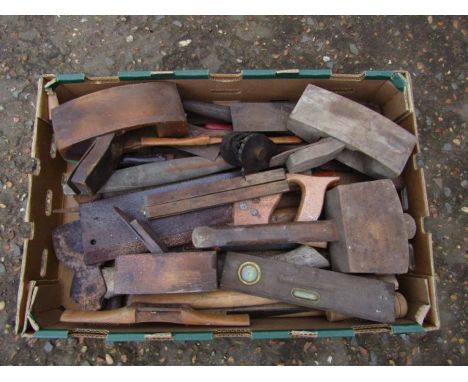 Box of tools including hammers, mallet and wooden planes etc
