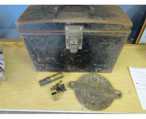Railway signalman's box inscibed with whistle, keys, plaque and a brass item