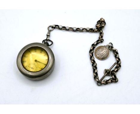 A sterling silver top wind open faced pocket watch, 50mm diameter, with a white enamel dial, black Roman numerals and subsidi