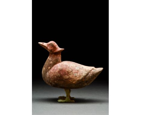 Ca. 202 BC - AD 220. A standing terracotta bird. The figure, painted in brownish-red, is standing still with its head held up