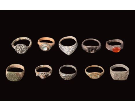 Ca. AD 300 - 1300. A large group of ten Roman and Byzantine rings with different shapes and decorations. Highlights include a