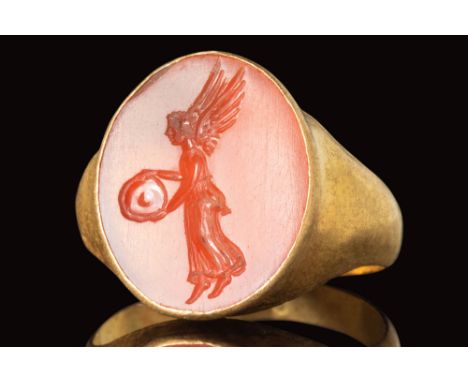 Augustean period, Ca. 50 BC - AD 50. A Roman gold ring with a D-shaped band which is flattened towards he shoulders to form a