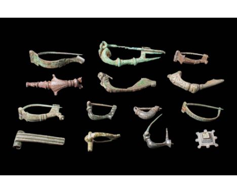 Ca. 800 - 200 BC. A large group of bronze bow and elbow fibulae from the Iron Age to the Roman period with different types of