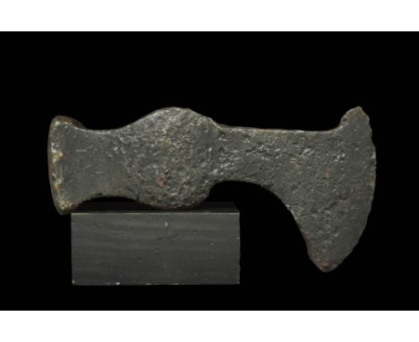 Ca. AD 900 - 1100.An iron battle axe with a flaring blade, heavy poll, and an oval socket. Weapons like these were multi-purp