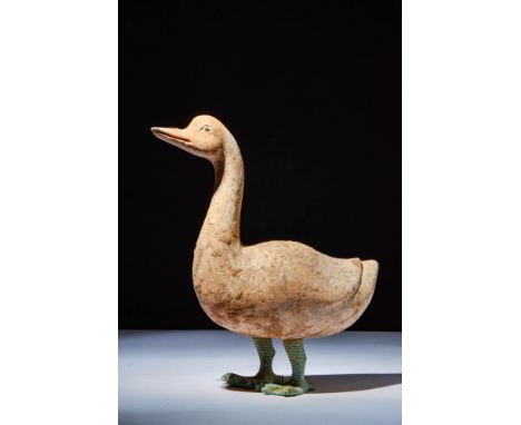 Ca. 202 BC - AD 220. A standing terracotta goose. The goose is standing still with its head held high and is supported by bro