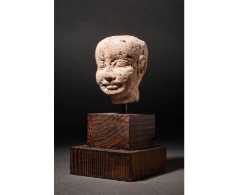 Ca. 1550 - 1070 BC. An amazing Egyptian stone head of a priestly figure with rounded features and a shaved head. The face con