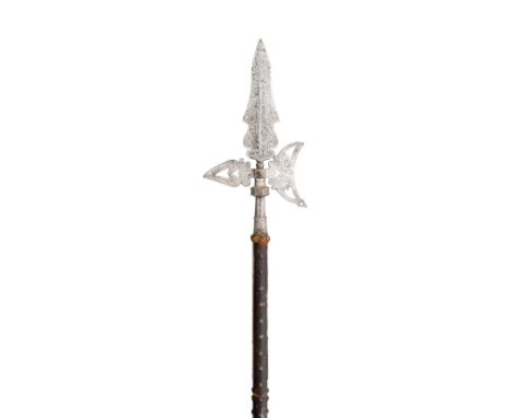 **A NORTH EUROPEAN HALBERD, 17TH CENTURY with shaped central blade, curved axe-blade and flat rear spike each pierced with he