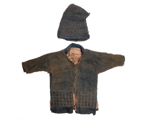 A JAPANESE MAIL SHIRT AND HELMET, EDO PERIOD each formed of padded fabric and covered with mail of butted links, the helmet o