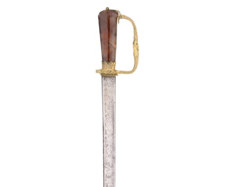 A RARE GERMAN HUNTING SWORD WITH GILT-MOUNTED HILT AND AGATE GRIP, LAST QUARTER OF THE 18TH CENTURY with single-edged blade f