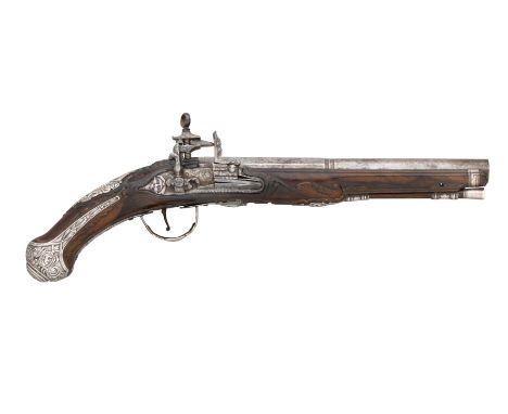 A BRESCIAN SILVER-MOUNTED ROMAN-LOCK PISTOL, MID-18TH CENTURY with two-stage barrel struck with gold-lined marks over the bre