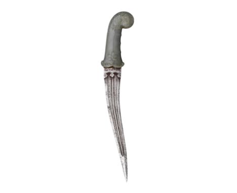 AN INDIAN JADE-HILTED DAGGER (KHANJAR), EARLY 19TH CENTURY with double-edged recurved blade formed with a reinforced point an