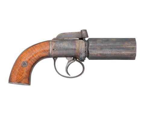 A 100 BORE SIX-SHOT PERCUSSION PEPPERBOX REVOLVER, BIRMINGHAM PROOF, MID-19TH CENTURY with case-hardened fluted barrel group,